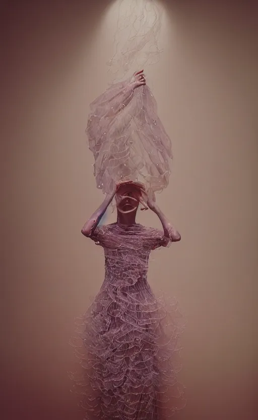 Image similar to Fashion photography of a woman wearing a dress inspired by a jellyfish, artistic photography, insanely detailed, chiaroscuro, cinestill 800t, Vogue magazine