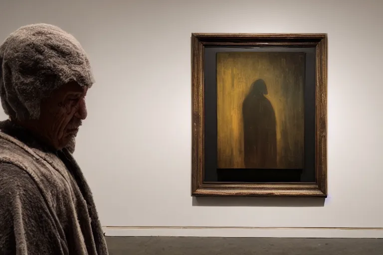 Prompt: man wearing old weathered robe in front of the framed painting, in the minimalistic retrofururistic art gallery, by rutkovski and beksinski