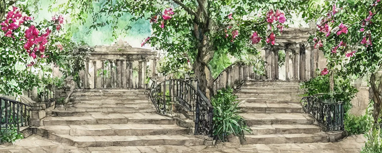 Image similar to wide angle, stairway, chairs, wrought iron gates, tree, delicate water in a botanic garden, garden road, temple in a botanical herbarium paper, watercolor colored painting, iridescent colors, realistic shaded, fine details, artstation, italian style, colonnade, huge flowers, architecture