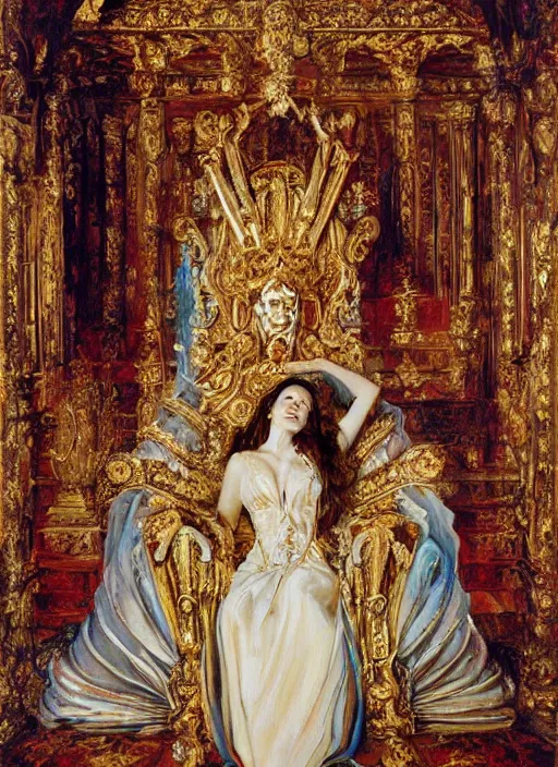 Image similar to oil painting of portait Queen of Ecstasy in a large throne room, Hungarian, Emilia Clarke by Yoshitaka Amano, by Georgia o Keeffe, by Gustave Moreau