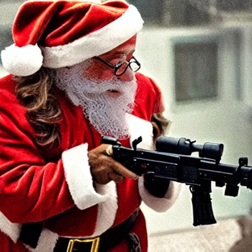 Prompt: cinematic shot of Danny Devito dressed as santa claus holding a LMG, 8k, very intricate, very detailed,