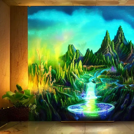 Prompt: airbrushed painting bioluminescent alien mountain landscape with strange glowing plants detailed with waterfalls and flowers and willow trees 4 k