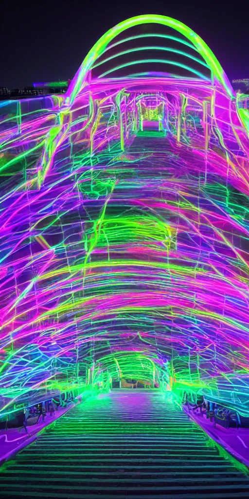 Image similar to electric cob led arched bridge scenic design arena tour for an edm act with helmets, style of hdr neon psychedelic high - contrast octane renderer electricsheep 4 k uhd