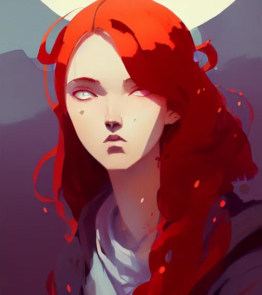 Image similar to portrait of a female mage, red hair, by atey ghailan, by greg rutkowski, by greg tocchini, by james gilleard, by joe fenton, by kaethe butcher, dynamic lighting, gradient light blue, brown, blonde cream and white color scheme, grunge aesthetic