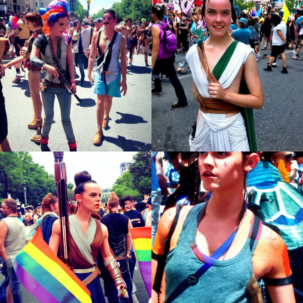 Prompt: rey from star wars at a gay pride parade