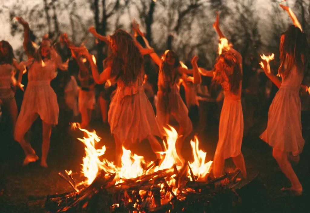 Prompt: lomo photo of young women dancing in ecstasy around a bonfire as the dark ritual begins, cinestill, bokeh, out of focus