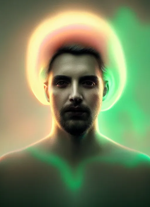 Prompt: an ethereal, misty portrait of a man whose face is accented with neon - toned glowing eyeliner. the makeup floats off his face and joins swirling clouds of smoke and fog, becoming an aurora. muted tones. surreal portrait, cinematic lighting, 8 k, smooth, sharp focus, digital painting, rendered in octane, painted by tom bagshaw, artgerm