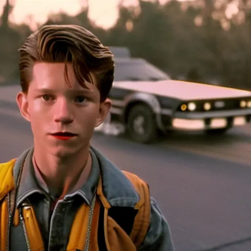 Image similar to stunning awe inspiring tom holland as marty mcfly in the movie back to the future, movie still 8 k hdr atmospheric lighting