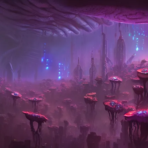 Prompt: concept art detailed painting of a dark purple fungal city made of mushrooms, with glowing blue lights, in the style of jordan grimmer and neil blevins and wayne barlowe