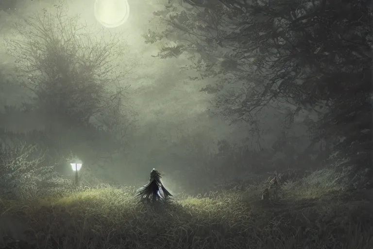 Image similar to goth woman in a moonlight view, in a forest, a river, tankoban, 4 k, tone mapping, akihiko yoshida, james jean andrei riabovitchev marc simonetti, yoshitaka amano, long hair, curly, h. hydrochaeri