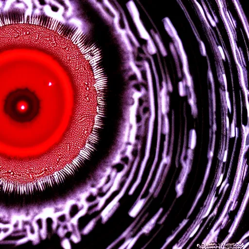 Image similar to a detailed extremely close up of inside the iris, cornea, red image, microscopic, extremely close up drawing by junji ito, cgsociety, generative art, lovecraftian, parallax, cosmic horror, extremely detailed, hyperrealism, unreal engine, octane render, award winning, masterpiece, highly detailed, realistic, 4 k, digital