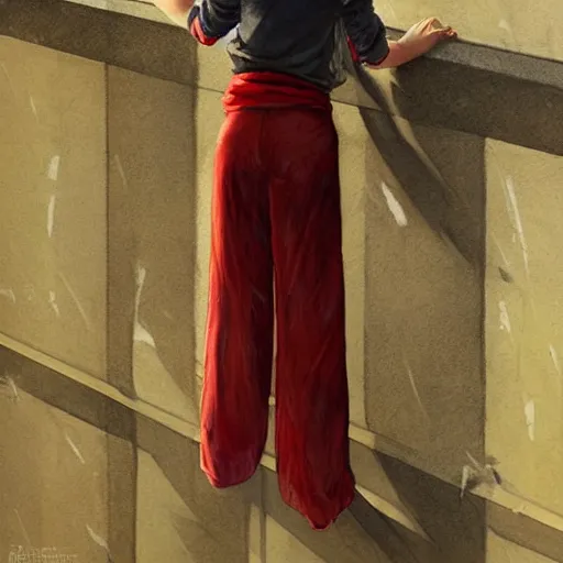 Prompt: a young girl standing on top of an impossibly tall wall, looking down at what is on the other side. she wears a shirt and trousers and a very long red scarf around her neck that trails down a long way. beautiful fantasy painting by artgerm and greg rutkowski