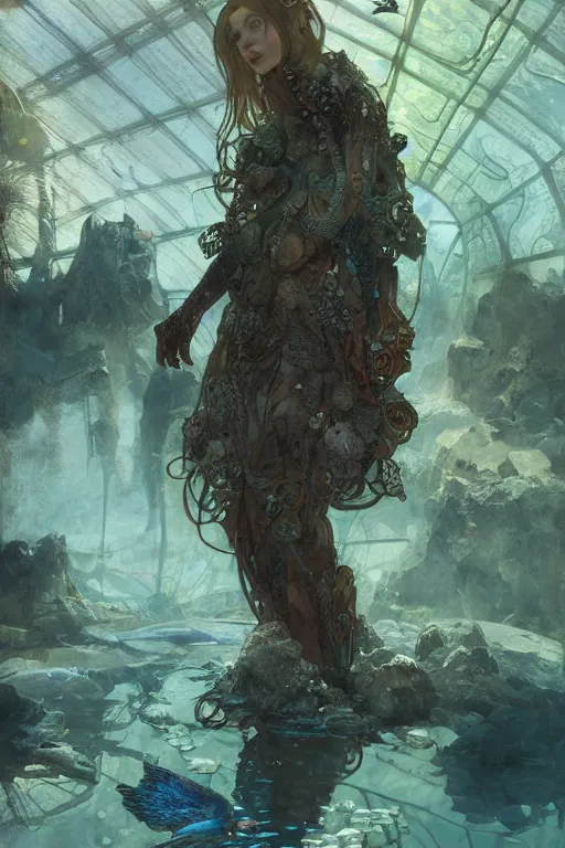 Image similar to a full body portrait of a beautiful post apocalyptic offworld neoicelandic biofarmer swimming by the fish tank, intricate, elegant, highly detailed, digital painting, artstation, concept art, smooth, sharp focus, illustration, art by krenz cushart and artem demura and alphonse mucha