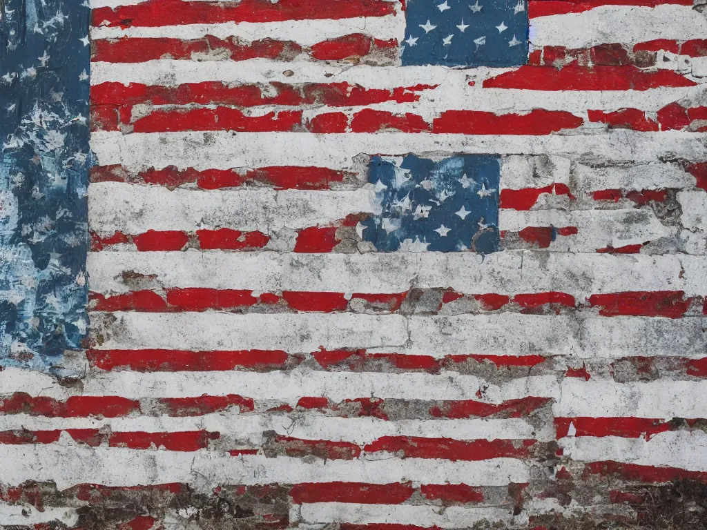 Prompt: an old cinder block wall painted with a mural of an american flag, cracked paint, rust stains and aging features