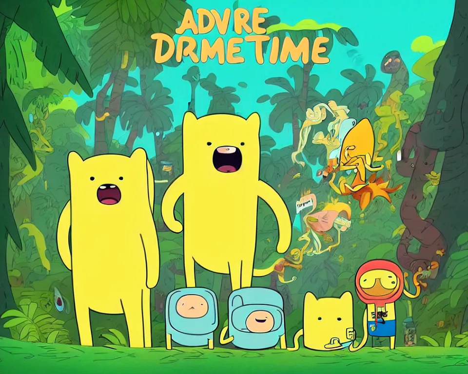 Image similar to adventure time, fin and jake, silly, trending on artstation, jungle, tropical