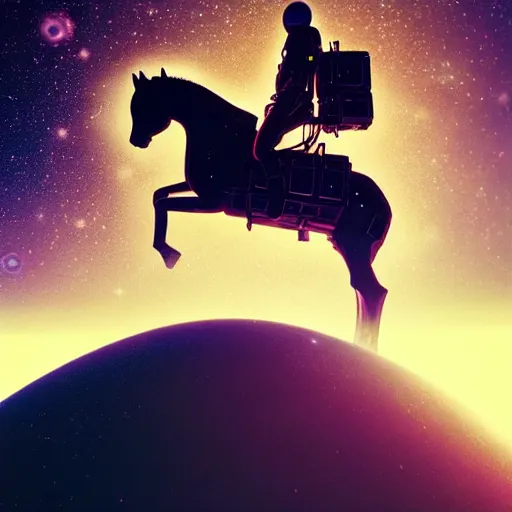 Image similar to hyperrealism aesthetic highly detailed photography of horse astronautback riding on a astronaut. from western by hiroyuki okiura and katsuhiro otomo and alejandro hodorovski style with many details by mike winkelmann and vincent di fate in sci - fi style. volumetric natural light hyperrealism photo on dsmc 3 system,