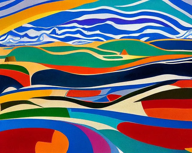 Image similar to A wild, insane, modernist landscape painting. Wild energy patterns rippling in all directions. Curves, organic, zig-zags. Saturated color. Mountains. Clouds. Rushing water. Waves. Sci-fi dream world. Wayne Thiebaud. Lisa Yuskavage landscape.