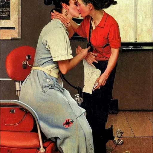 Image similar to katy perry as a nurse, she is giving a patient mouth to mouth resuscitation, oil painting by norman rockwell,