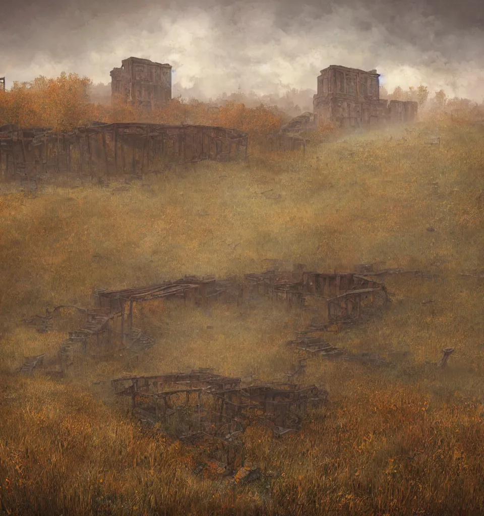 Image similar to rusty broken building constructions of a giant staircase, the ruins, in the steppe, autumn field, misty background, from the game pathologic 2, matte painting, by isaac levitan and asher brown durand,