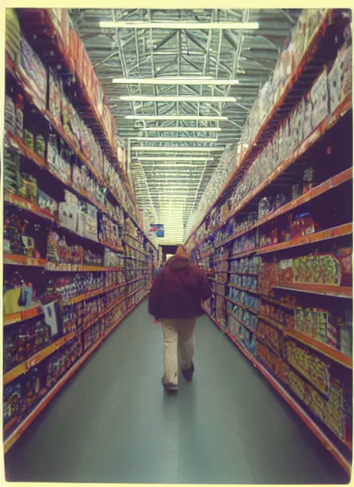 Image similar to first person view. walking through a costco in 1 9 9 7. blurry polaroid. simple composition.