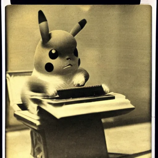 Prompt: old polaroid depicting pikachu from the 1 9 th century working at a modern day laptop