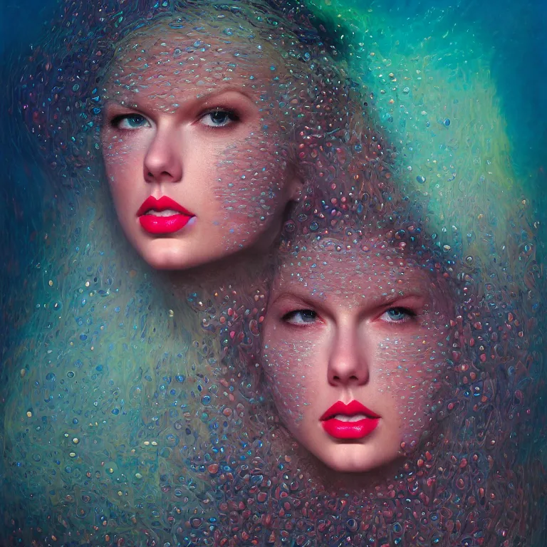 Image similar to Hyperrealistic intensely colored close up studio Photograph portrait of a deep sea bioluminescent Taylor Swift in Crystalline armor, symmetrical face realistic proportions eye contact, sitting in Her throne underwater, award-winning portrait oil painting by Norman Rockwell and Zdzisław Beksiński vivid colors high contrast hyperrealism 8k