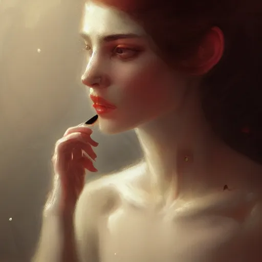 Image similar to Portrait of a melancholic woman, putting on her makeup in an unorthodox manner as heavy teardrops flow from her puffy, red eyes, illustrated by Greg Rutkowski and Gaston Bussiere, trending on artstation, 4k, 8k