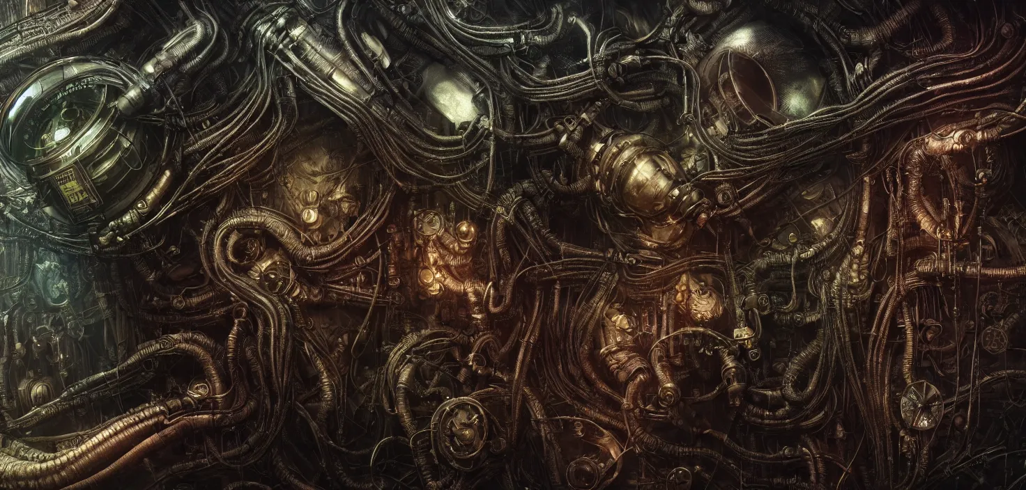 Image similar to Prometheus biological steampunk environment set close-up, diselpunk sleep capsule close-up, in a nightmarish universe of odd forms and somber tapestry, HR Giger and Vincent Di Fate, vivid color scheme, featured in artstation, octane render, cinematic, elegant, intricate, 8k