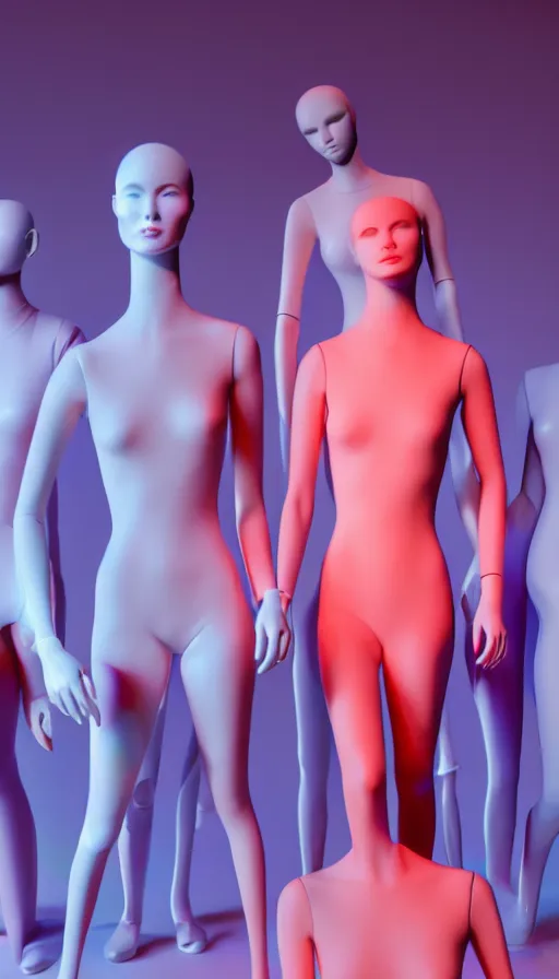Image similar to a group of mannequins with their eyes closed, a computer rendering by beeple, cgsociety, holography, iridescent, holographic, 3 d