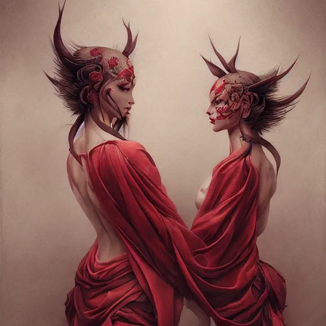 Image similar to ultra realistic illustration, beautifulwoman dressed in red kimono, backview, tattoos, in the style of peter mohrbacher by weta digital and beth cavener, high face symmetry, intricate, masterpiece, award winning, high face symmetry, intricate