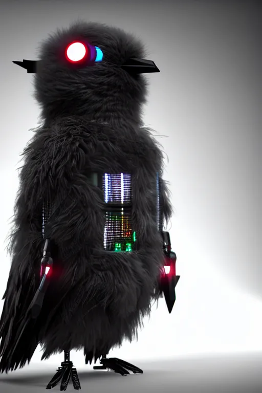 Image similar to high quality 3 d render very cute fluffy cyborg crow! sings into microphone, cyberpunk highly detailed, unreal engine cinematic smooth, in the style of blade runner & detective pikachu, hannah yata charlie immer, moody light, low angle, uhd 8 k, sharp focus