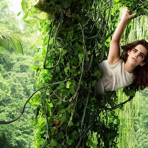 Image similar to emma watson hanging from and trapped in jungle vines