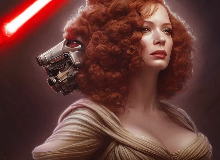 Image similar to low angle portrait shot of christina hendricks in star wars, intricate, elegant, highly detailed, centered, digital painting, artstation, concept art, smooth, sharp focus, illustration, artgerm, tomasz alen kopera, peter mohrbacher, donato giancola, joseph christian leyendecker, wlop, boris vallejo