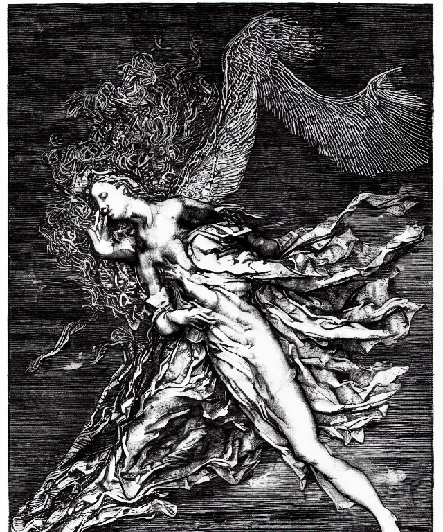 Prompt: silhouette of angel falling from heaven, art by james o barr and albrecht durer and gustave dore, woodblock print, engraved, black and white, vector, vector art