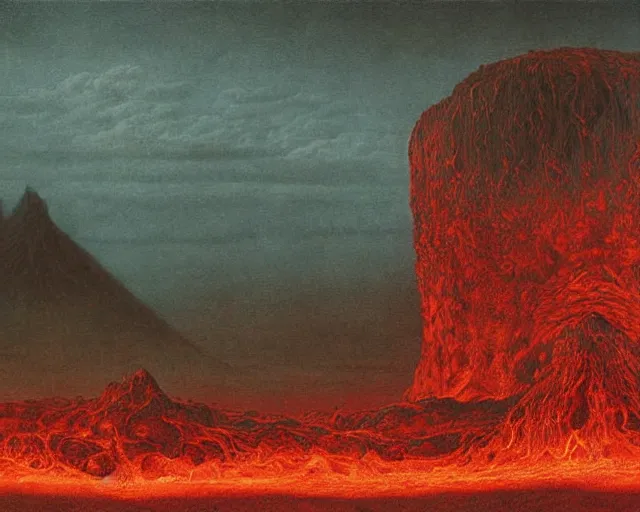 Prompt: A glacial castle surrounded by lava, digital art, Beksinski