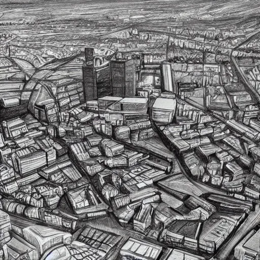 Prompt: a black and white sketch of manchester from above