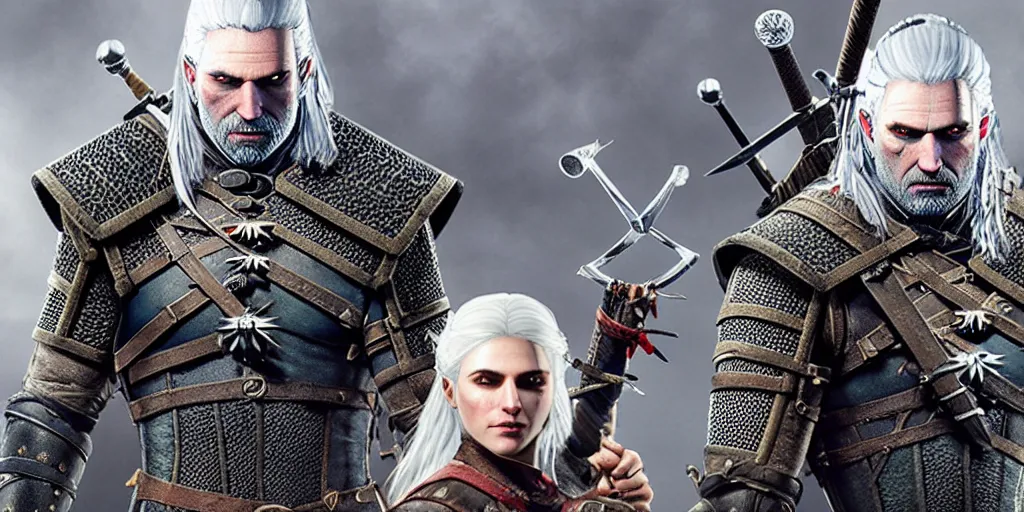 Image similar to witcher 3 ciri and geralt in the battle of the 5 armies lord of the rings, in the style of chris achilleos and alan lee