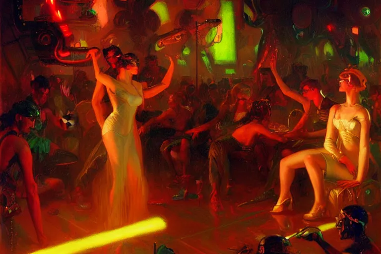 Image similar to futuristic techno party, summer, neon light, painting by gaston bussiere, craig mullins, j. c. leyendecker