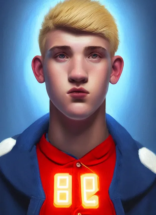 Image similar to portrait of high school senior boy named big moose, blonde short hair, jock, beefy, wide face, square jaw, square facial structure, blue varsity jacket with letter r, intricate, elegant, glowing lights, highly detailed, digital painting, artstation, concept art, sharp focus, illustration, art by wlop, mars ravelo and greg rutkowski