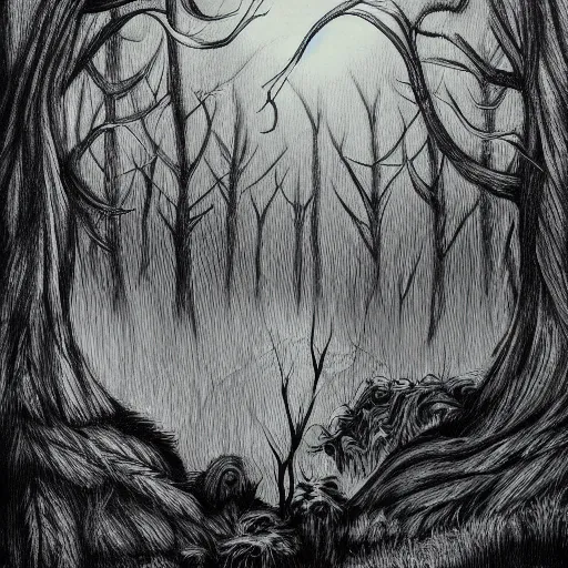 Prompt: dark forest illustration, dark fantasy, black ink on white paper, sketched 4k