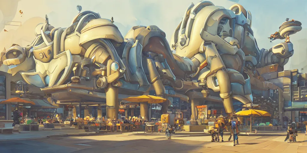 Image similar to overwatch building, stylized, exterior, architecture, in watercolor gouache detailed paintings, insanely detail, artstation, 8 k, futuristic, big medium small, arcane, simon stalenhag, food stall, interesting shapes & form, golden ratio, megastructures, vitaly bulgarov, mall, elites, clean