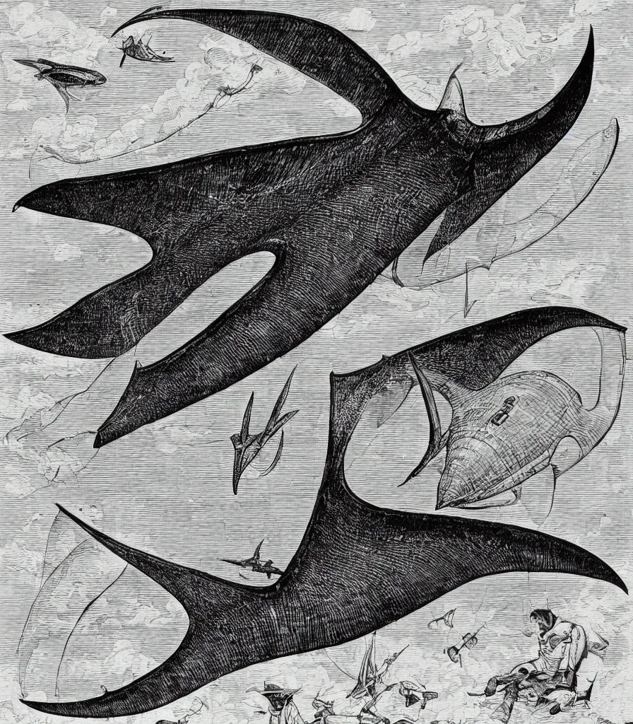 Image similar to brilliant alien manta ray in the sky color scientific illustration by Ernst Haekel, Hayao Miyazaki, color illustration with orthographic views