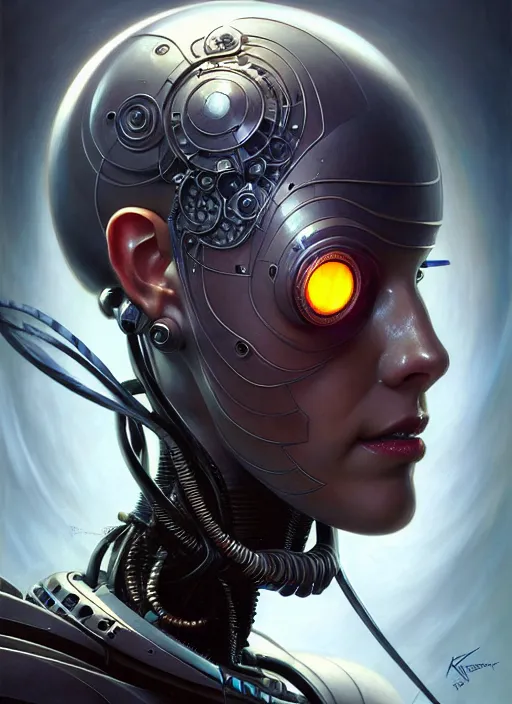 Image similar to portrait shot of a cyberpunk robot, intricate, elegant, highly detailed, centered, digital painting, artstation, concept art, smooth, sharp focus, illustration, artgerm, tomasz alen kopera, peter mohrbacher, donato giancola, joseph christian leyendecker, wlop, boris vallejo