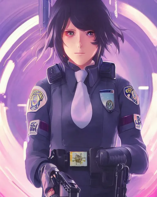 Prompt: anime key visual of a young elizabeth olzen as a police officer, neon, cyberpunk, futuristic, stunning, highly detailed, digital painting, artstation, smooth, soft focus, illustration, art by artgerm and greg rutkowski and alphonse mucha