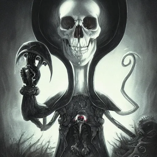 Image similar to black void chalice, longsword, skull, small white mushrooms, light from above, seb mckinnon