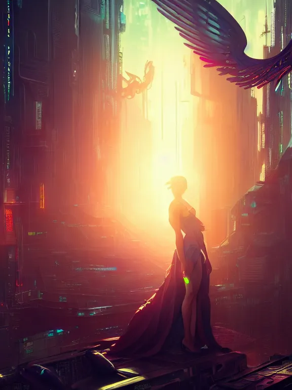 Image similar to cyberpunk, icarus, neon lights, futuristic city, cinematic, sunlight, ultra realistic, octane render, alphonse mucha, artgerm, greg rutkowski, character concept, very detailed, elegant, lonely atmosphere, sharp focus