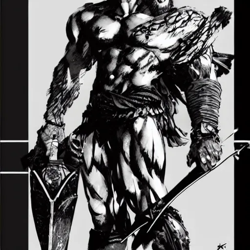 Prompt: “ kratos with leviathan axe, by yoji shinkawa. metal gear solid official concept art. yoji shinkawa. ”