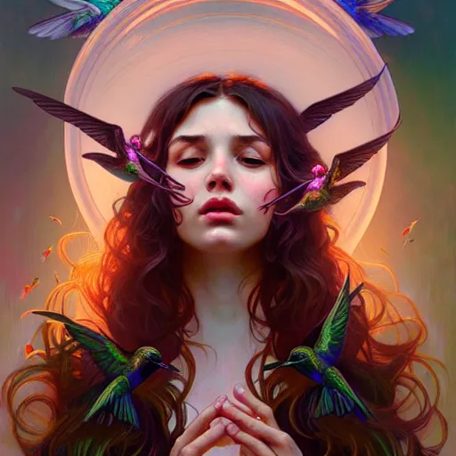 Prompt: Portrait of a girl exhaling smoke being surrounded by hummingbirds, face, fantasy, intricate, elegant, highly detailed, digital painting, artstation, concept art, smooth, sharp focus, illustration, art by Fernanda Suarez and Artem Demura and alphonse mucha