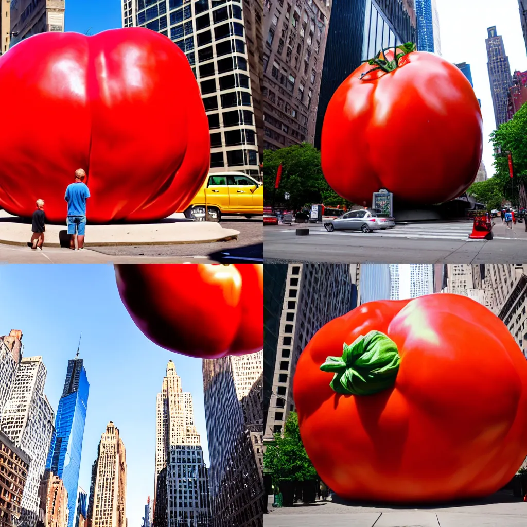 Image similar to a photograph of a gigantic extremely big tomato statue, in the middle of new york, shot with premium dslr camera