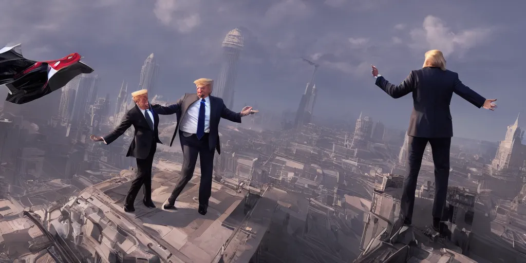 Prompt: donald trump fighting elon musk on top of white house, concept art by senior environment artist, cgsociety, artstation hq, playstation 5 screenshot